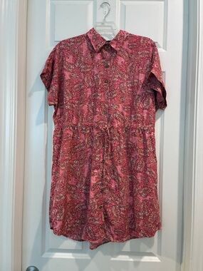 Pink Paisley Button-Front Drawstring Mini Dress